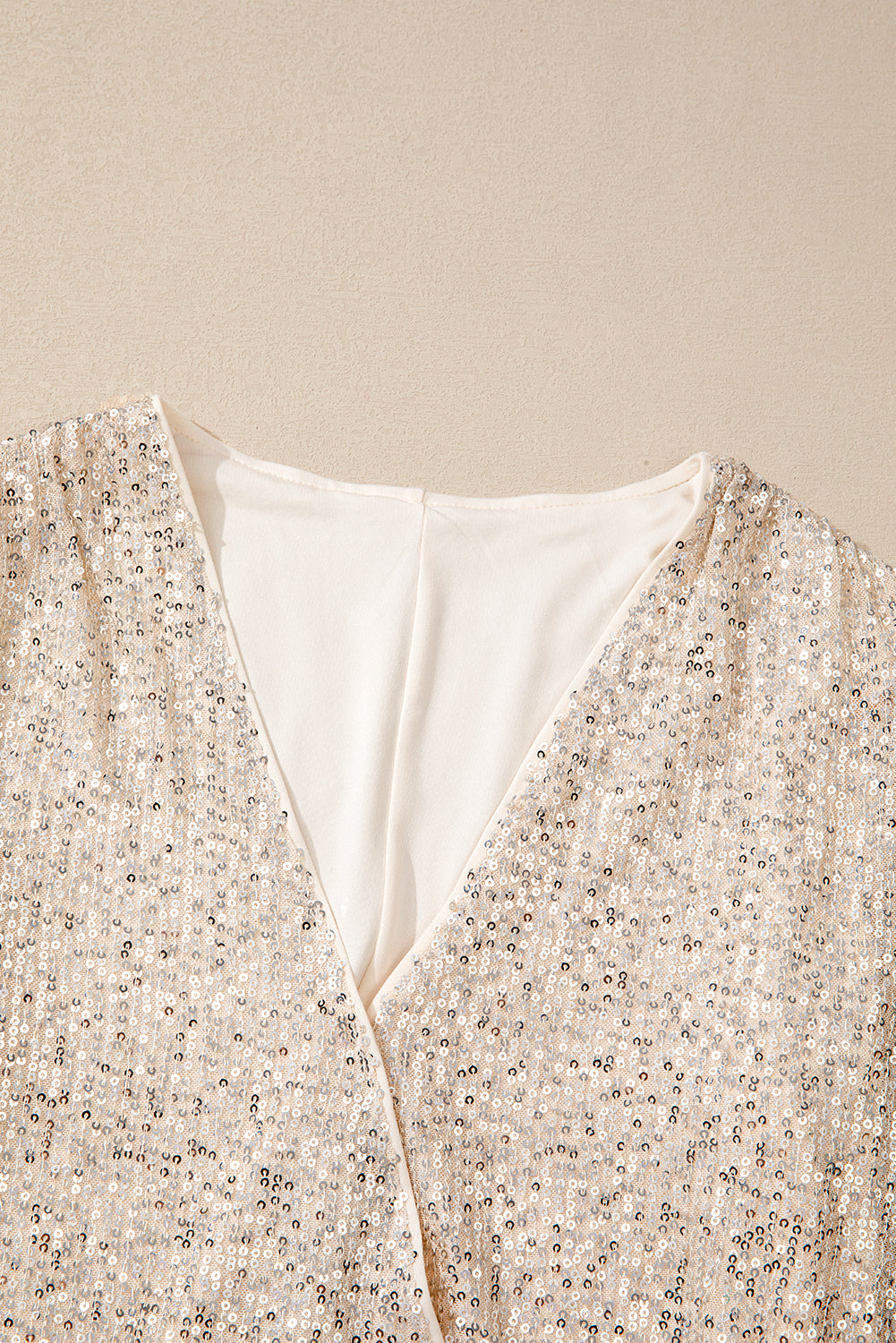 Beige Sequin Long Sleeve Wrap V Neck Bodysuit-Chaelisa's New Jammies