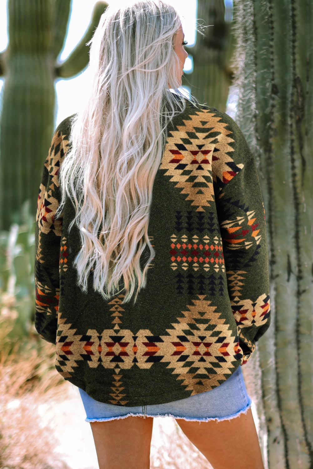 Green Aztec Print Flap Pockets Long Sleeve Shacket-Chaelisa's New Jammies