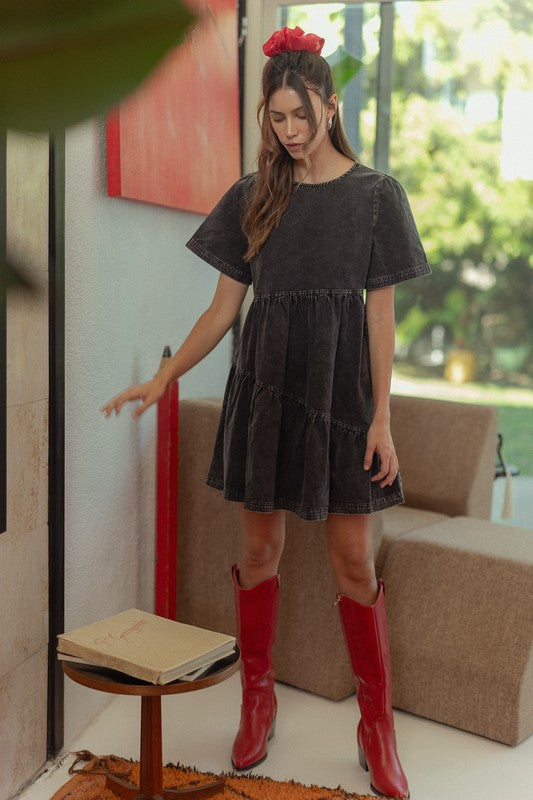 Annie Wear Mineral Washed Round Neck Short Sleeve Denim Dress-Chaelisa's New Jammies