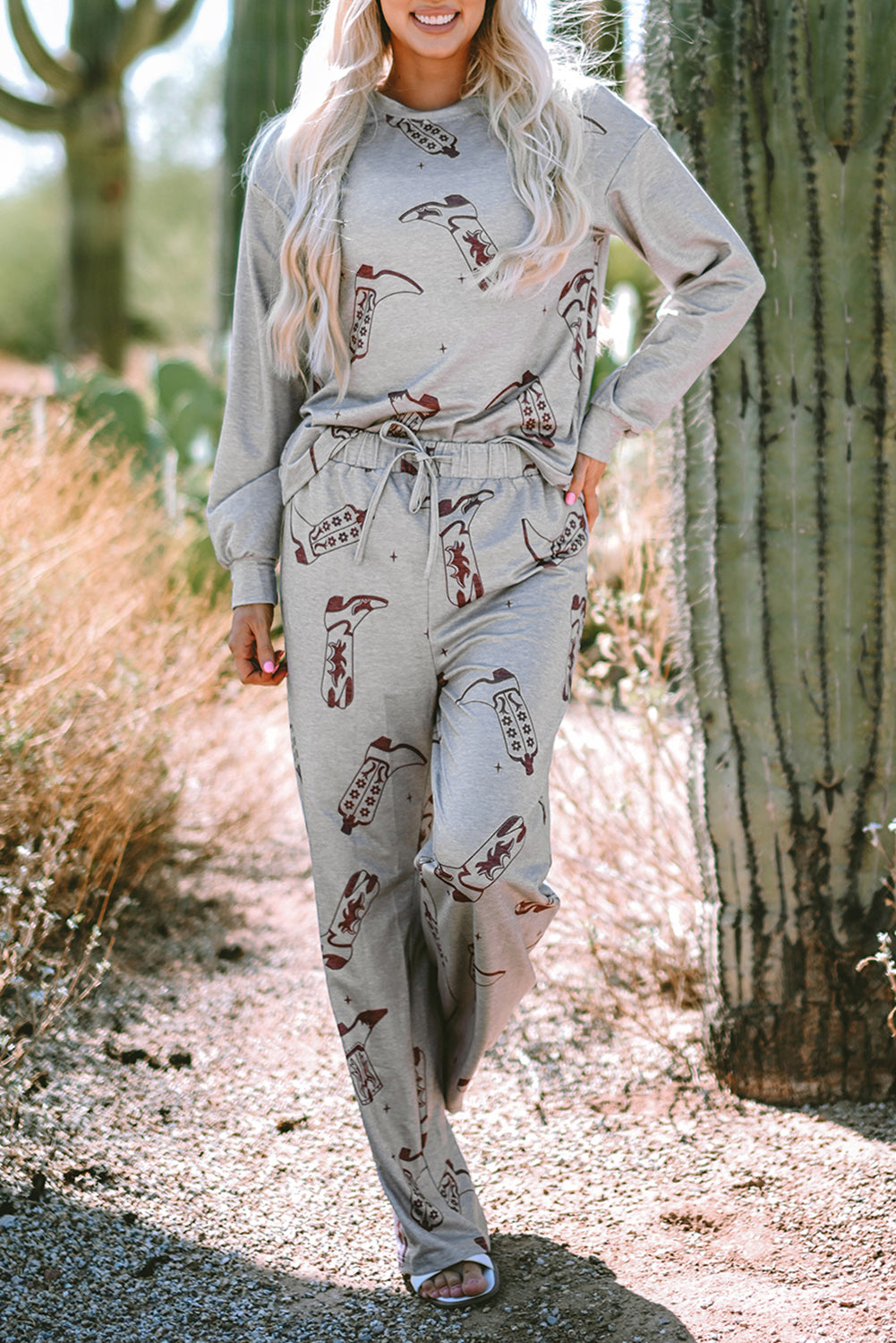 Gray Cowgirl Boots Printed Long Sleeve Top Pants Lounge Set-Chaelisa's New Jammies