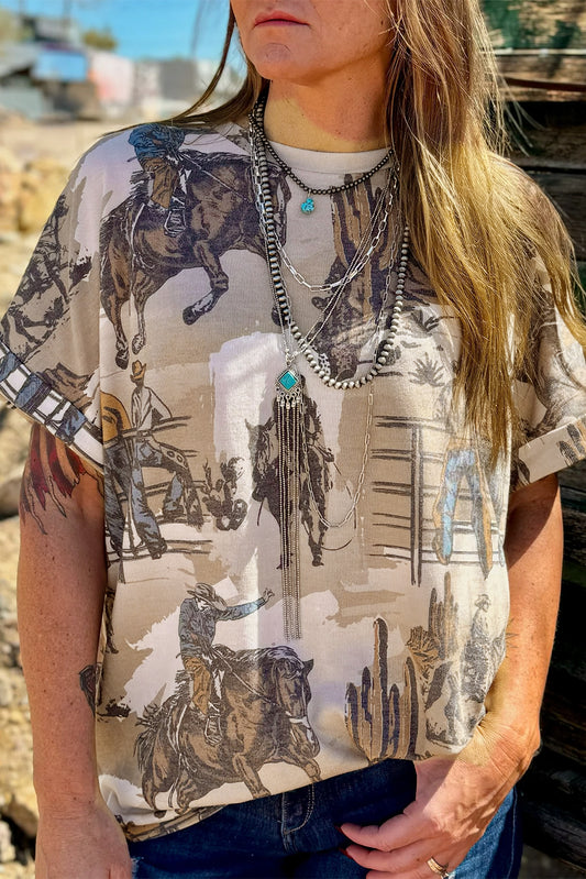 Khaki Western Cowboy Print Cuffed Sleeve Crewneck T Shirt-Chaelisa's New Jammies