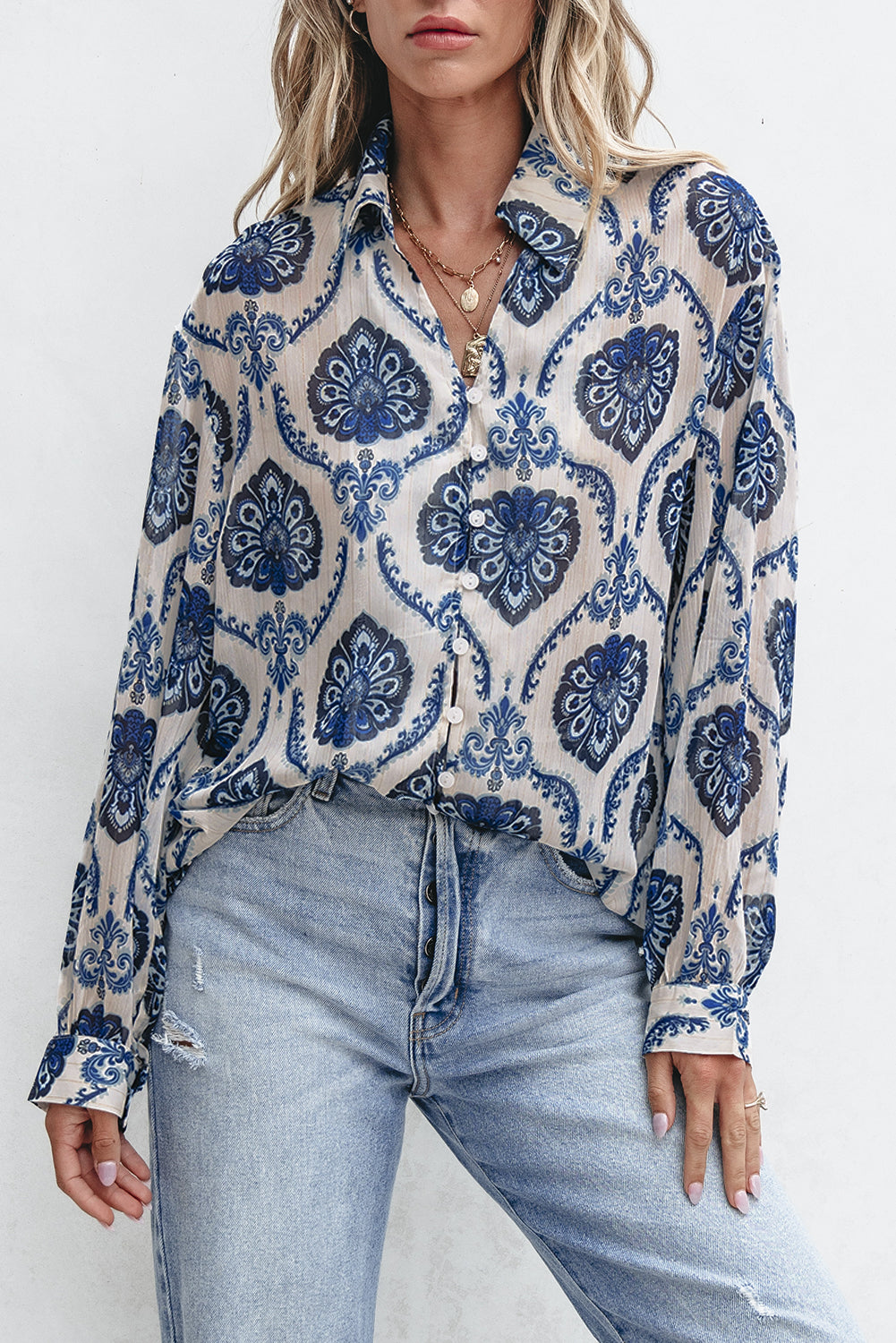 Blue Tribal Pattern Buttoned Front Loose Shirt-Chaelisa's New Jammies
