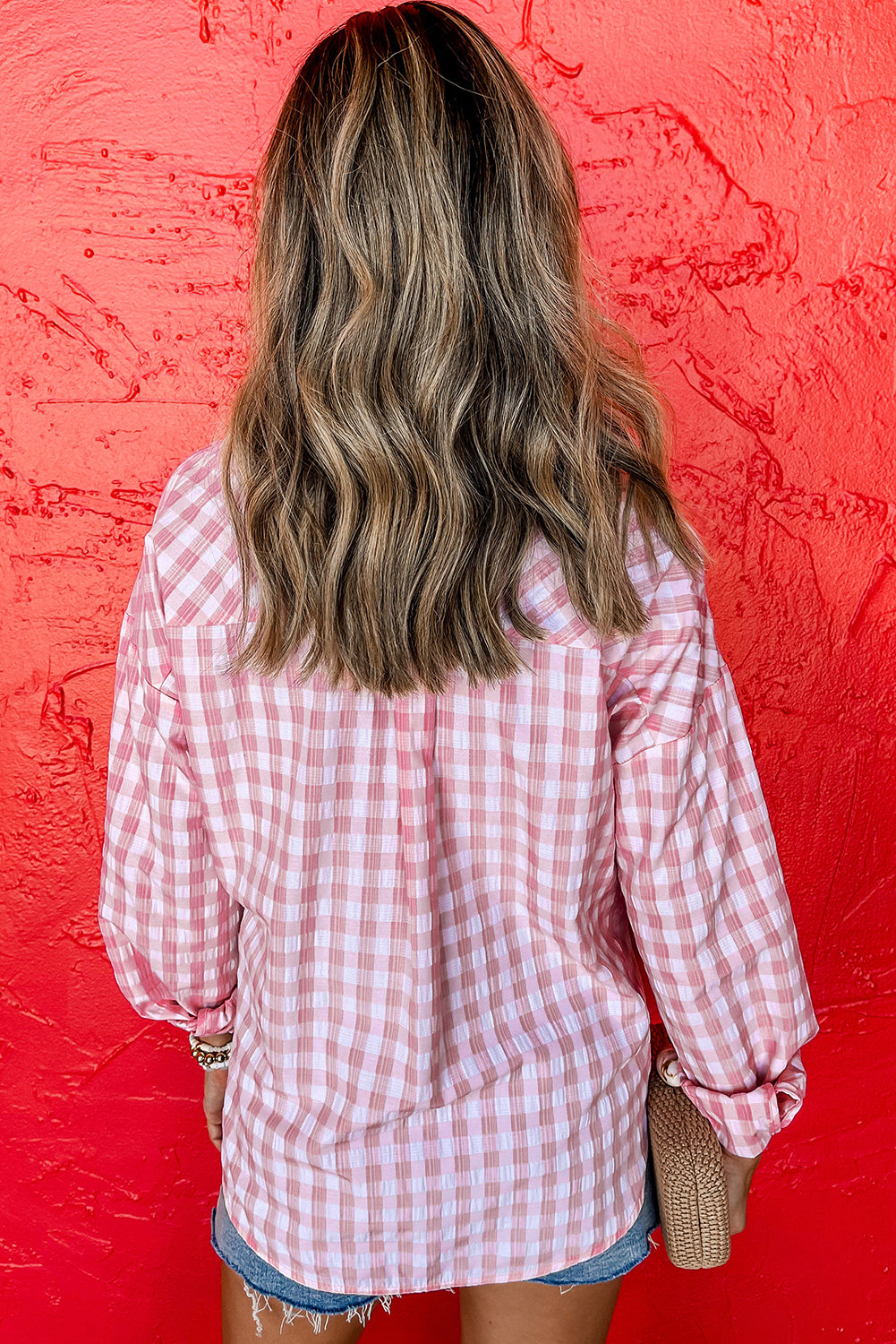 Pink Gingham Print Chest Pockets Buttoned Collared Shirt-Chaelisa's New Jammies