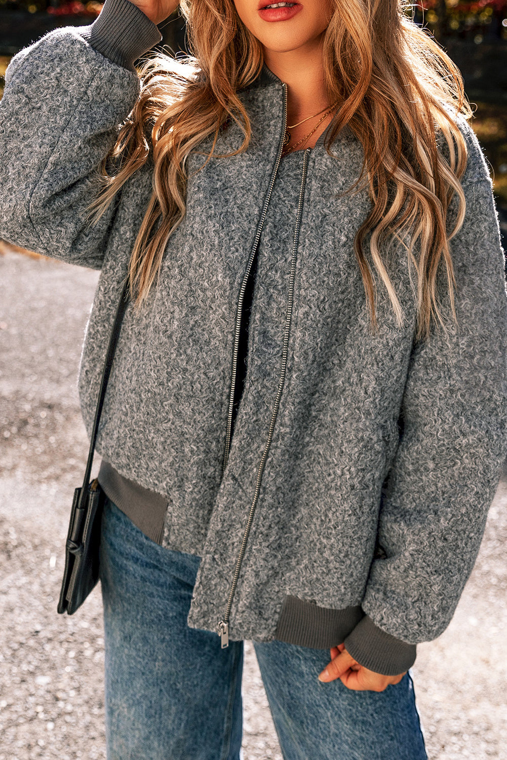 Medium Grey Fuzzy Zip Up Pocketed Sleeve Jacket-Chaelisa's New Jammies