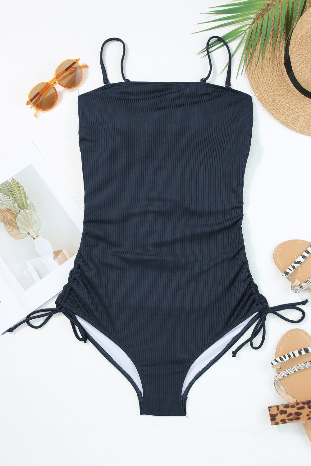 Navy Blue Ribbed Drawstring Sides Cutout One Piece Swimsuit-Chaelisa's New Jammies