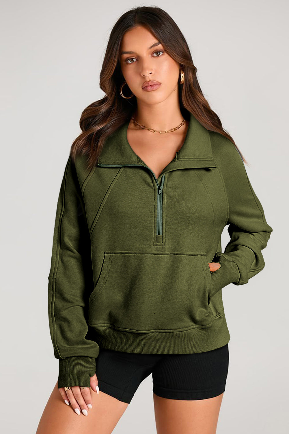 Moss Green Quarter Zip Stand Neck Kangaroo Pocket Sweatshirt-Chaelisa's New Jammies