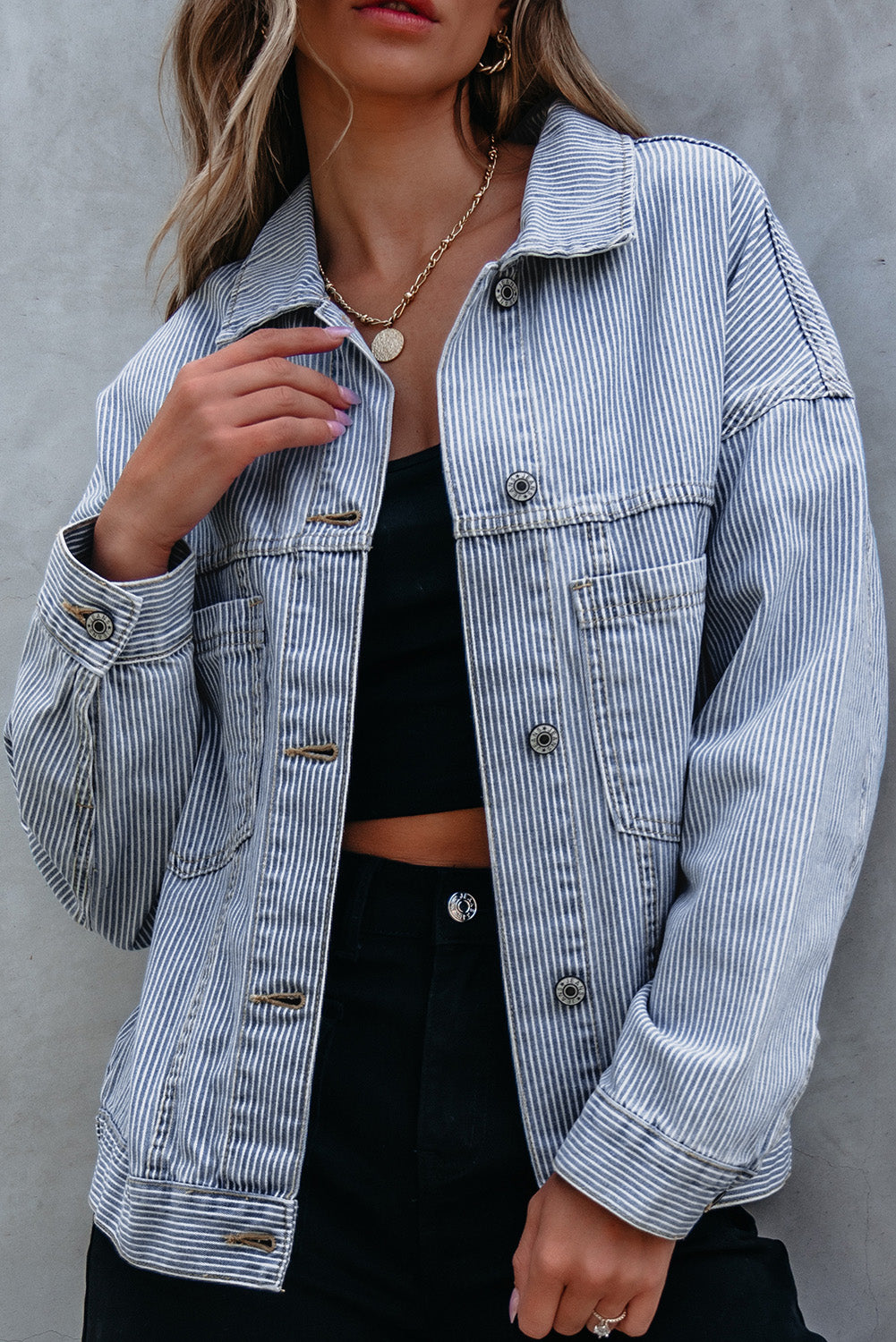 Sky Blue Stripe Washed Oversize Pocketed Denim Jacket-Chaelisa's New Jammies