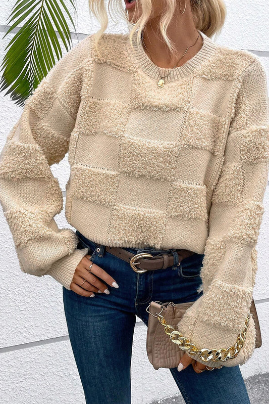 Parchment Checkered Sherpa Crew Neck Loose Sweater-Chaelisa's New Jammies