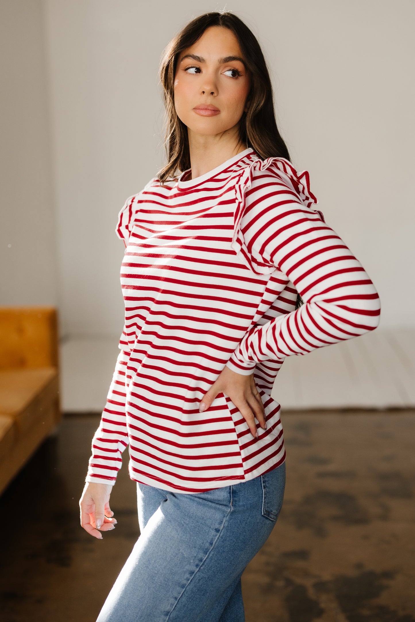 Red Stripe Round Neck Ruffle Trim Long Sleeve Top