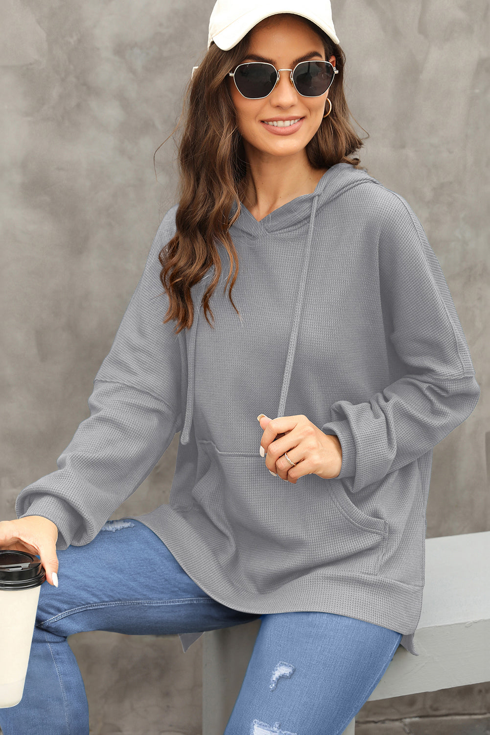 Gray Waffle Knit Fleece Lined High Low Oversized Hoodie-Chaelisa's New Jammies