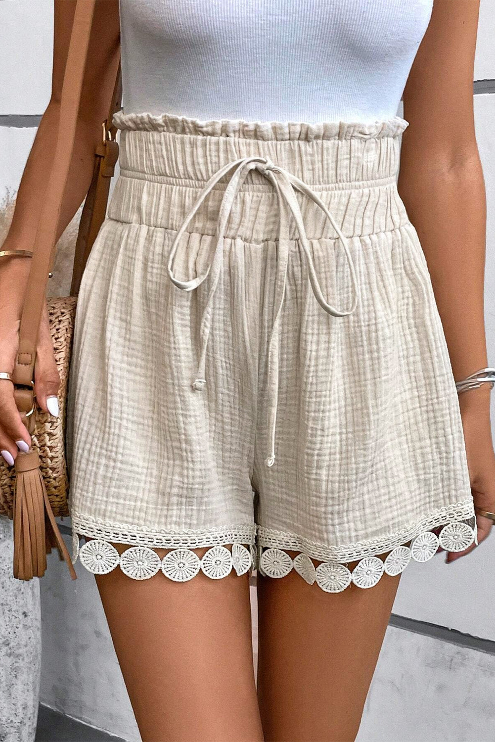 Apricot Textured Frilled Knotted High Waist Lace Hem Shorts-Chaelisa's New Jammies