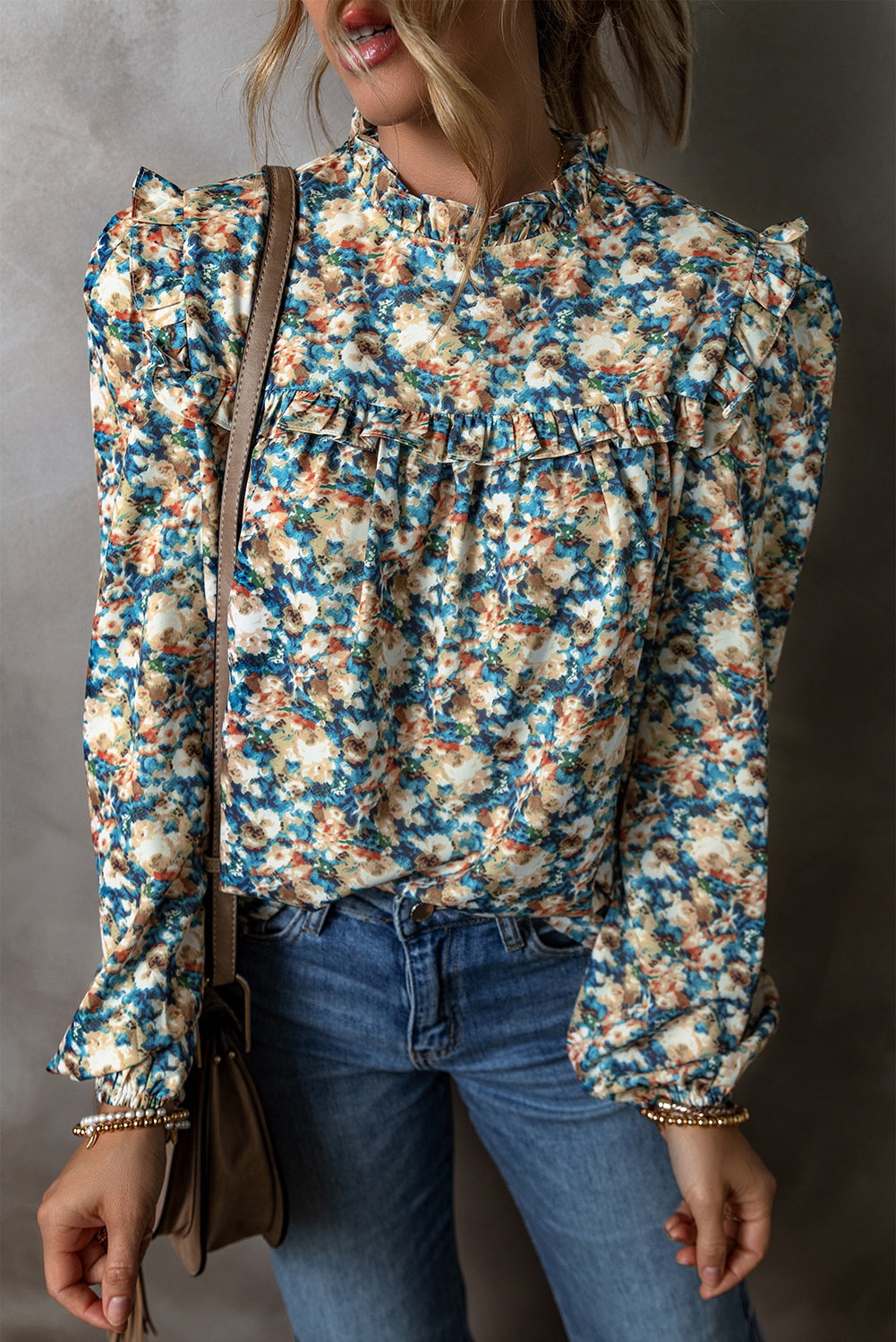 Sky Blue Floral Print Frilled Mock Neck Puff Sleeve Blouse-Chaelisa's New Jammies