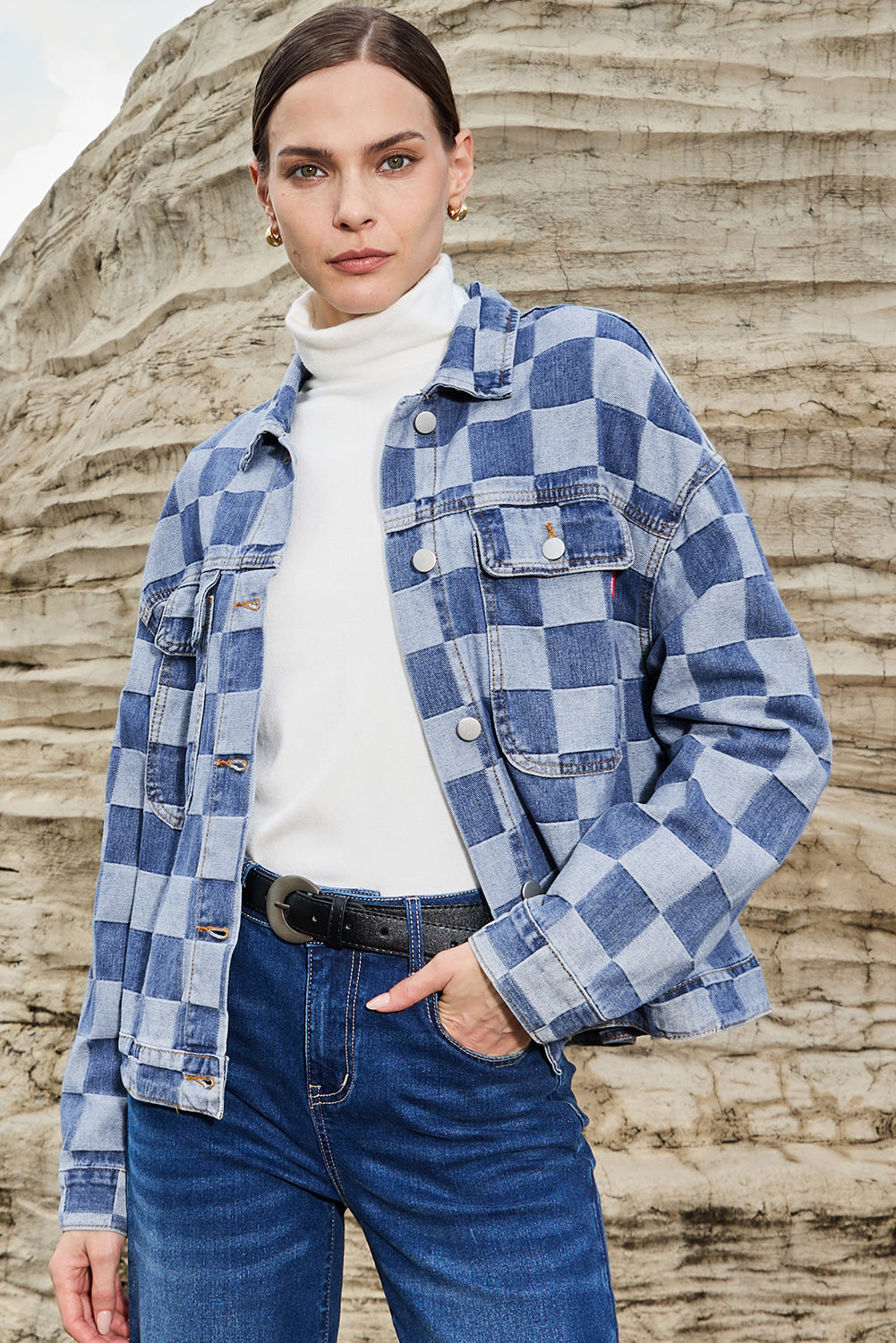 Light Blue Checkered Patchwork Button up Denim Jacket-Chaelisa's New Jammies