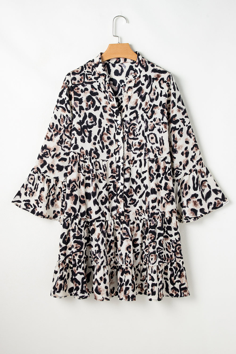 Black Leopard Print Buttoned Front 3/4 Sleeve Tiered Ruffled Hem Dress-Chaelisa's New Jammies