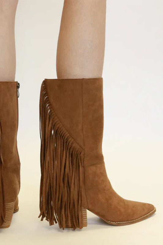 Beast Fashion Suede Fringe Point Toe Boots-Chaelisa's New Jammies