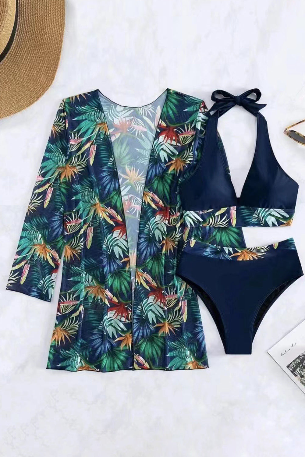 Black 3pcs Tropical Contrast Trim Halter Bikini Set with Cover up-Chaelisa's New Jammies