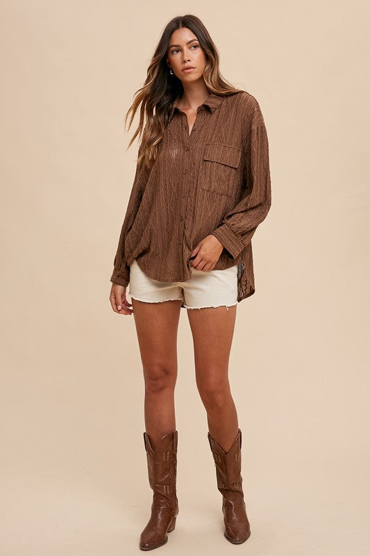 Annie Wear Openwork Button Down Drop Shoulder Shirt-Chaelisa's New Jammies