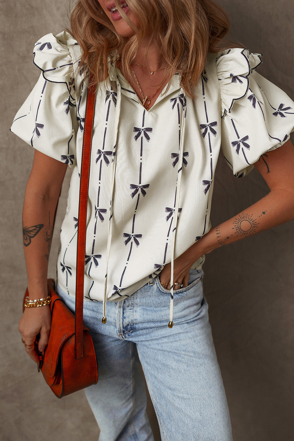 Beige Bow Printed Ruffled Bubble Sleeve Tied Notched V Neck Blouse-Chaelisa's New Jammies