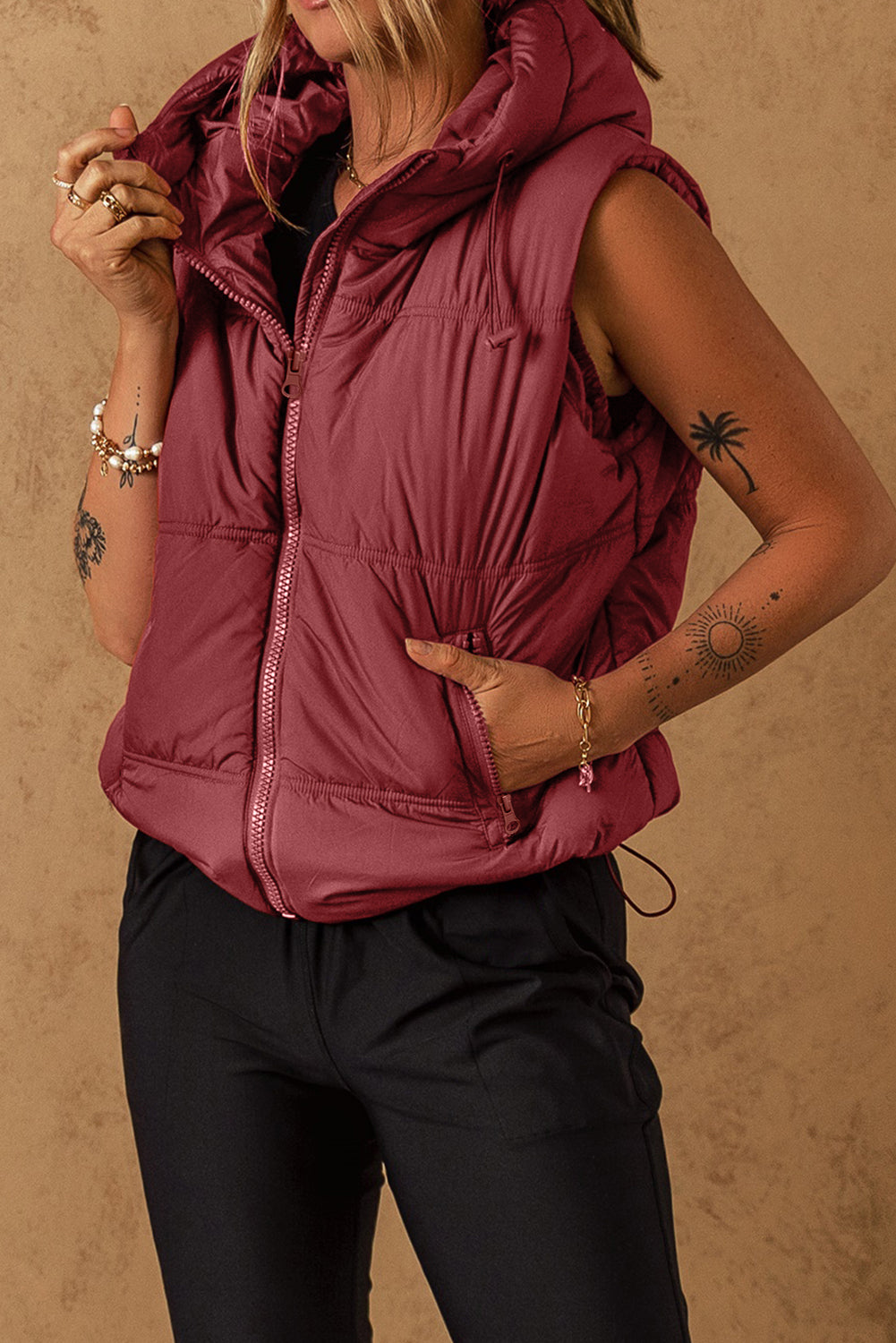Clay Zip-up Side Pockets Hooded Puffer Vest-Chaelisa's New Jammies