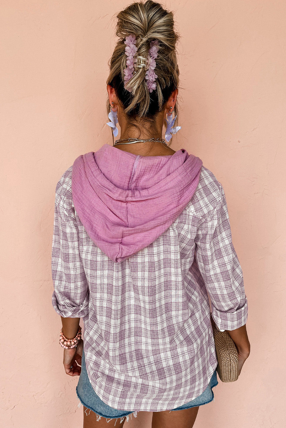 Pink Checkered Print Loose Fit Buttoned Hooded Shacket-Chaelisa's New Jammies