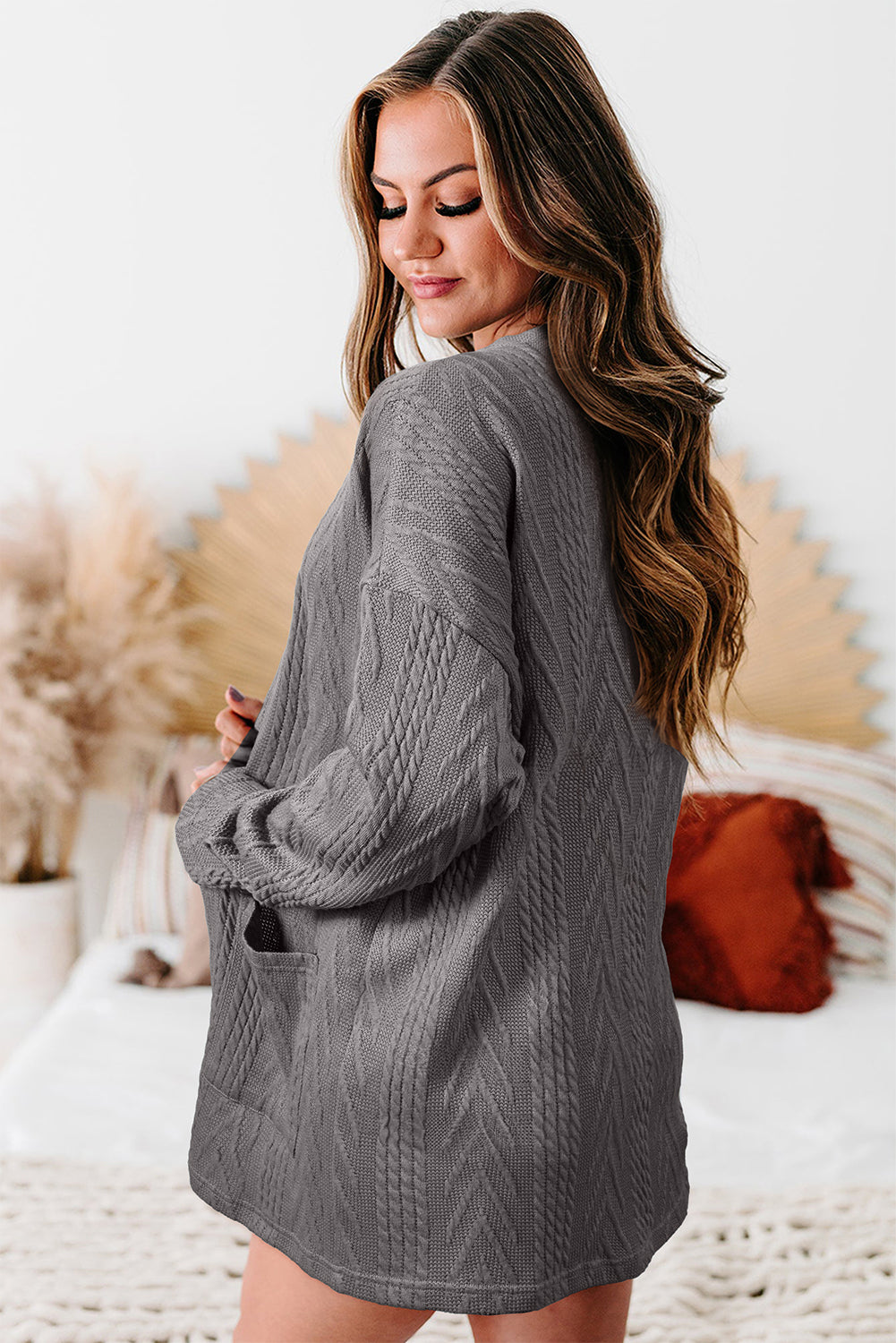 Medium Grey  Solid Textured Open Front Cardigan with Pocket-Chaelisa's New Jammies