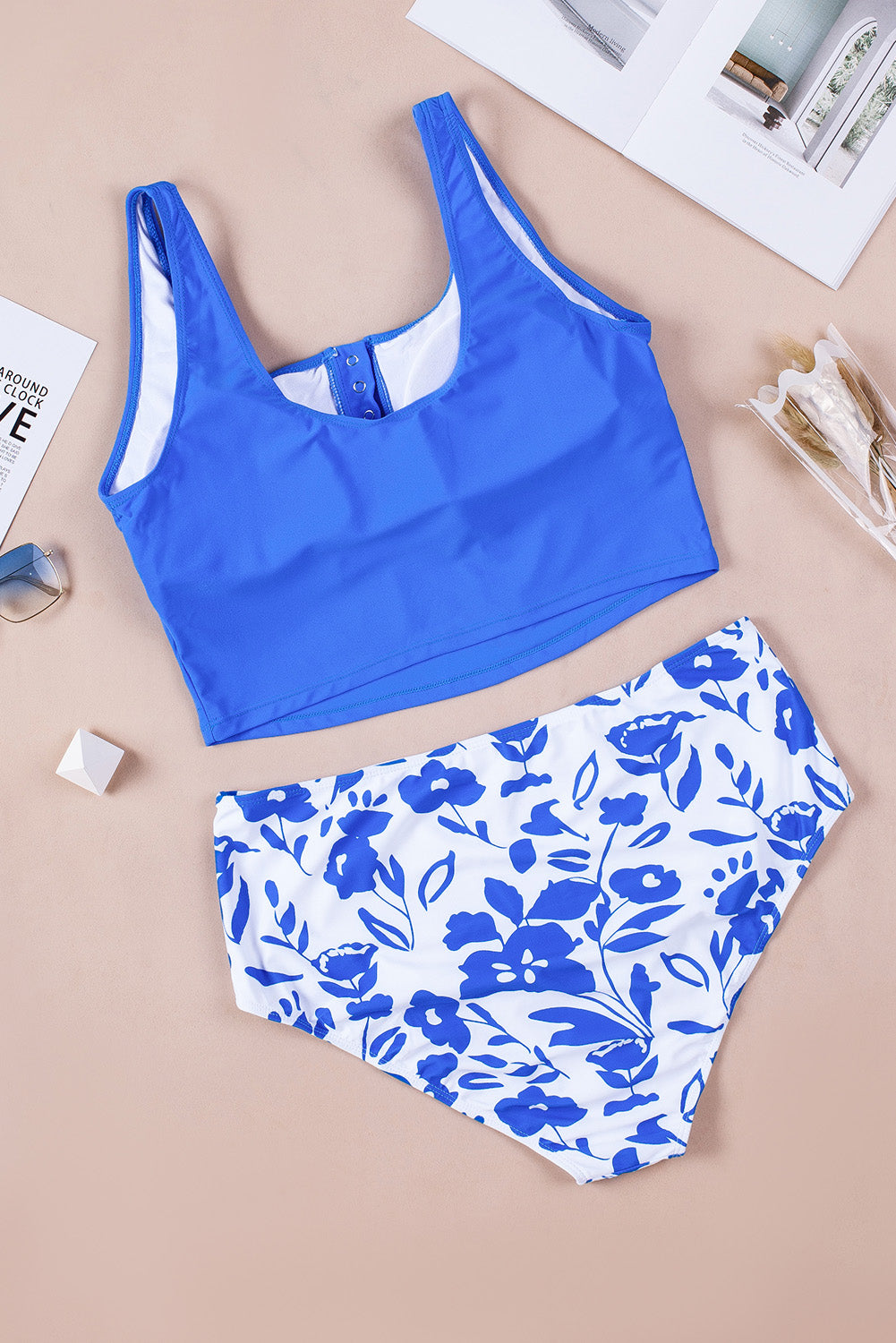 Blue Square Neck Sleeveless Fashion Print Tankini Set-Chaelisa's New Jammies