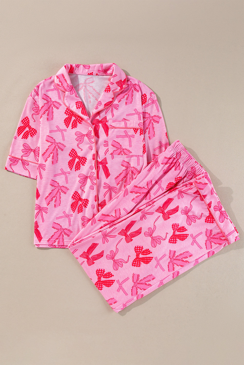 Pink Bow Knot Print Lapel Collar Short Sleeve and Pants Pajamas Set-Chaelisa's New Jammies
