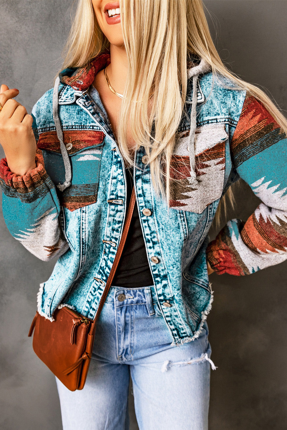 Multicolor Aztec Print Frayed Hem Denim Jacket-Chaelisa's New Jammies