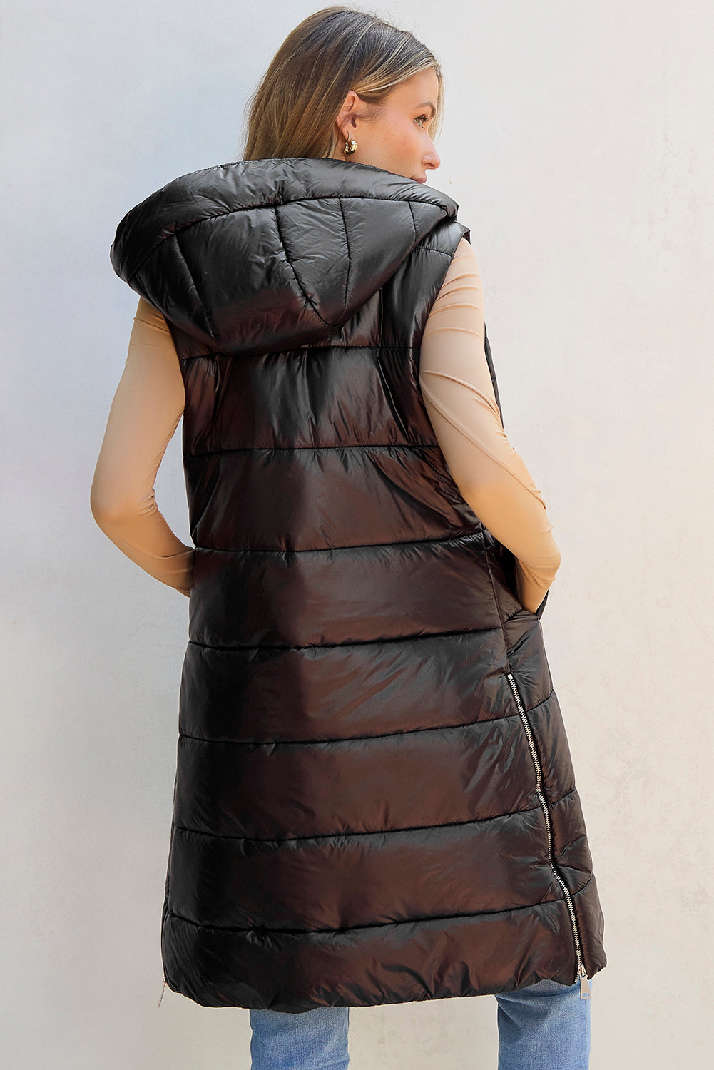 Black Hooded Long Quilted Vest Coat-Chaelisa's New Jammies