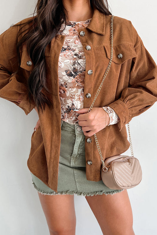 Cinnamon Corduroy Flap Pocket Button Up Round Hem Shacket-Chaelisa's New Jammies