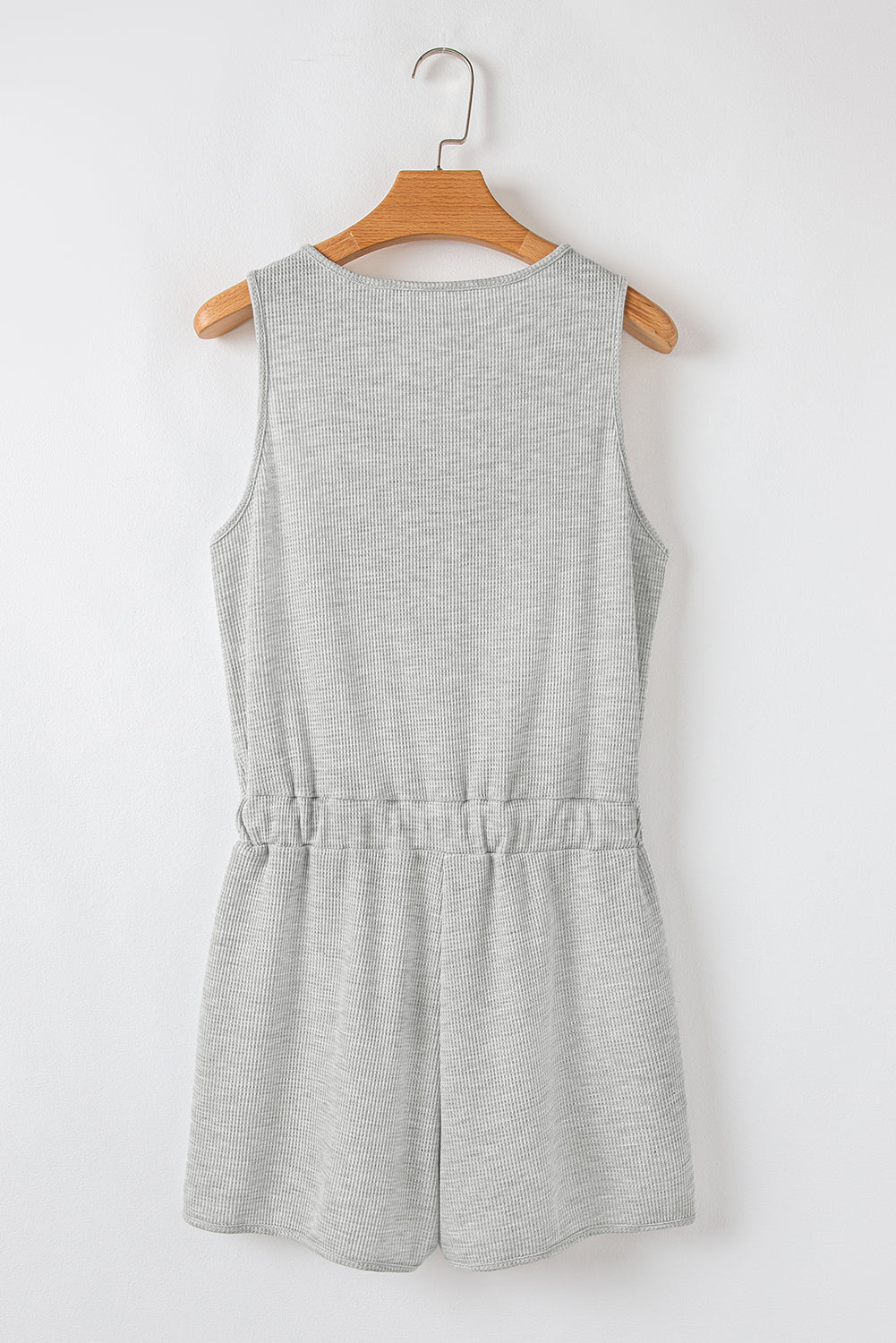 Light Grey Waffle Knit Sleeveless Buttoned Front Drawstring Waist Romper-Chaelisa's New Jammies