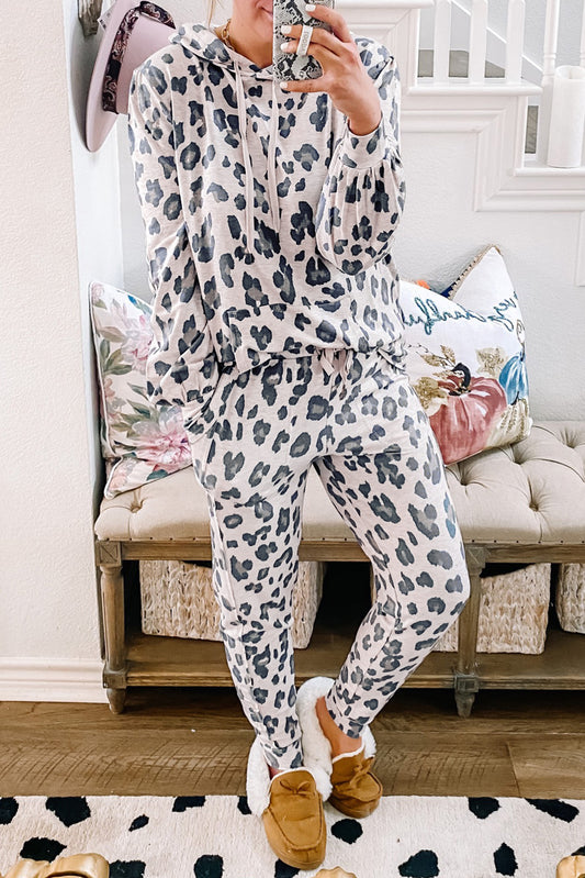 Khaki Leopard Print Drawstring Hoodie and Skinny Pants Pajama Set-Chaelisa's New Jammies