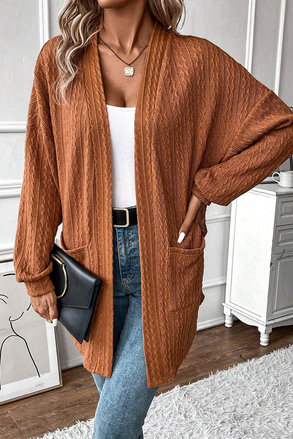 Chestnut Textured Knit Side Pockets Open Front Cardigan-Chaelisa's New Jammies