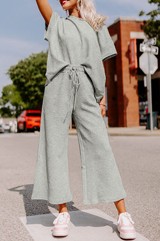 Gray Textured Loose Fit T Shirt and Drawstring Pants Set-Chaelisa's New Jammies