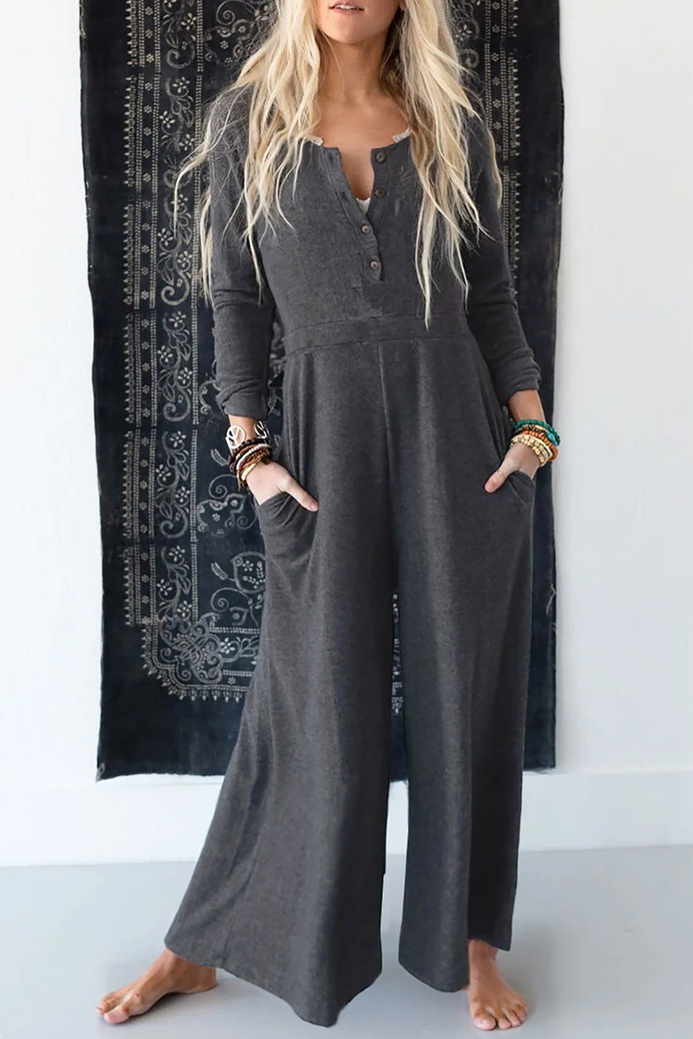 Gray Button Long Sleeve Wide Leg Jumpsuit-Chaelisa's New Jammies