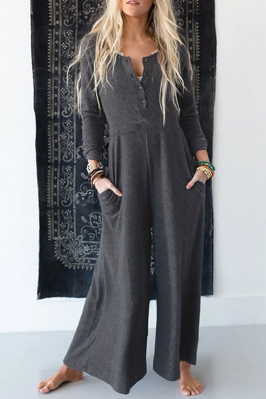 Gray Button Long Sleeve Wide Leg Jumpsuit-Chaelisa's New Jammies