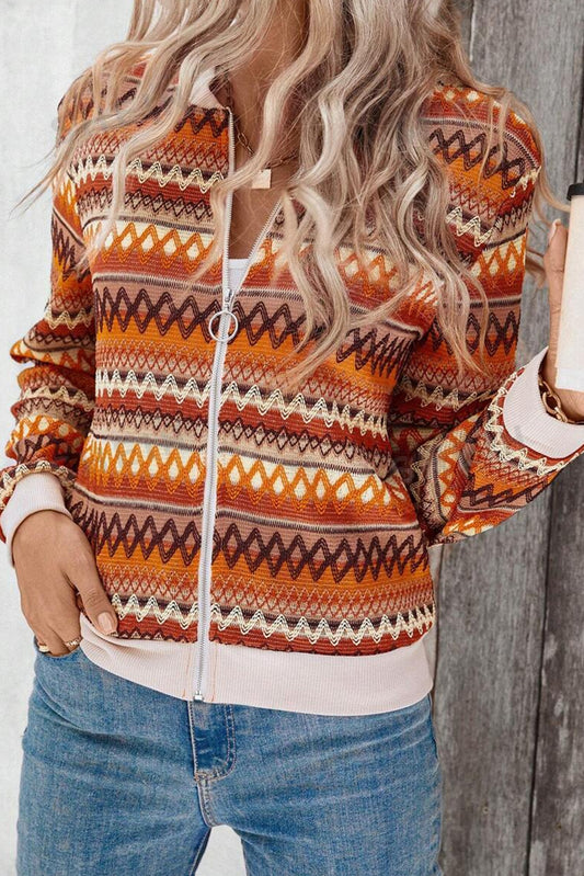 Orange Boho Striped Zip Up Long Sleeve Jacket-Chaelisa's New Jammies