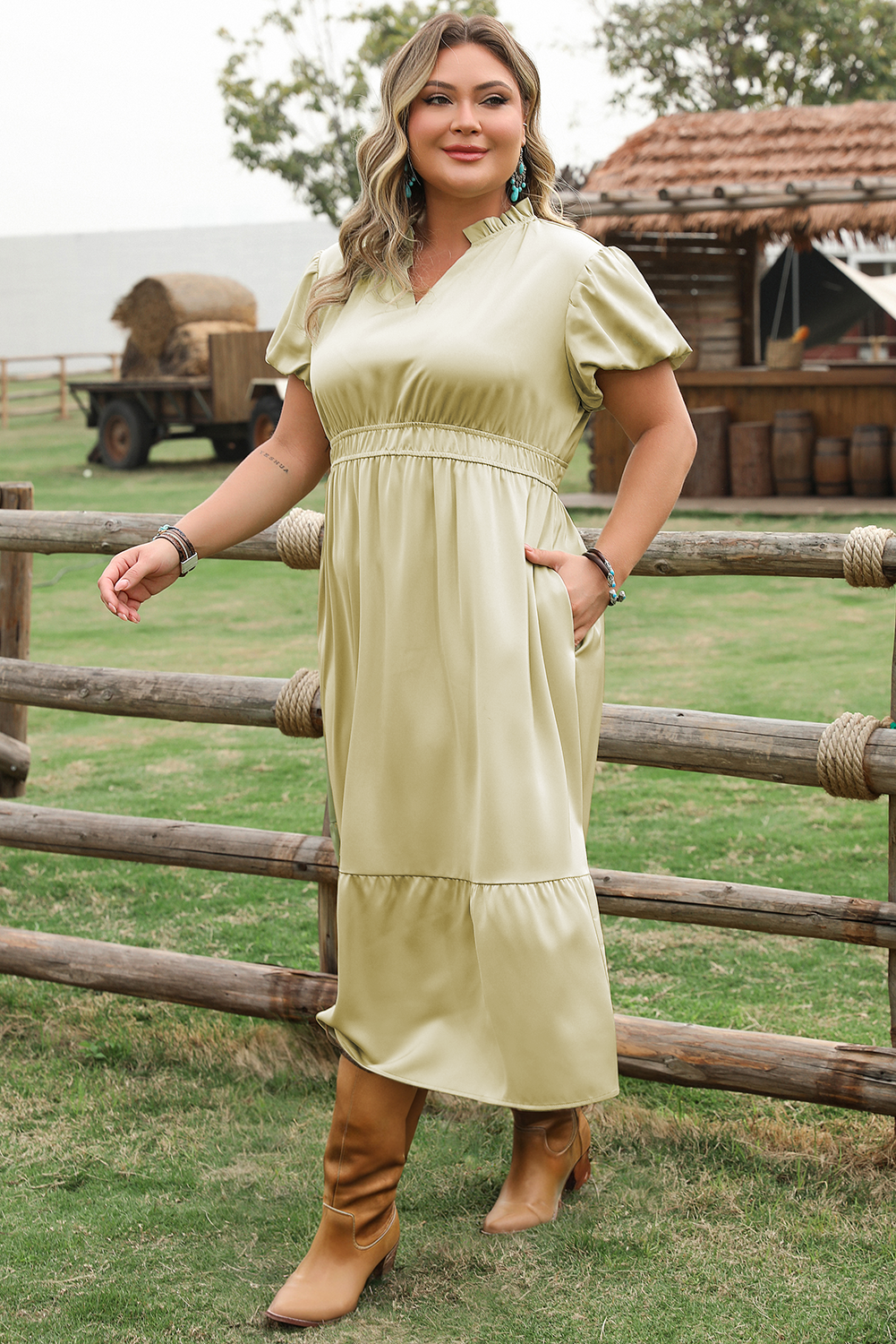 Laurel Green Notched V Neck Puff Sleeve Tiered Plus Size Maxi Dress-Chaelisa's New Jammies
