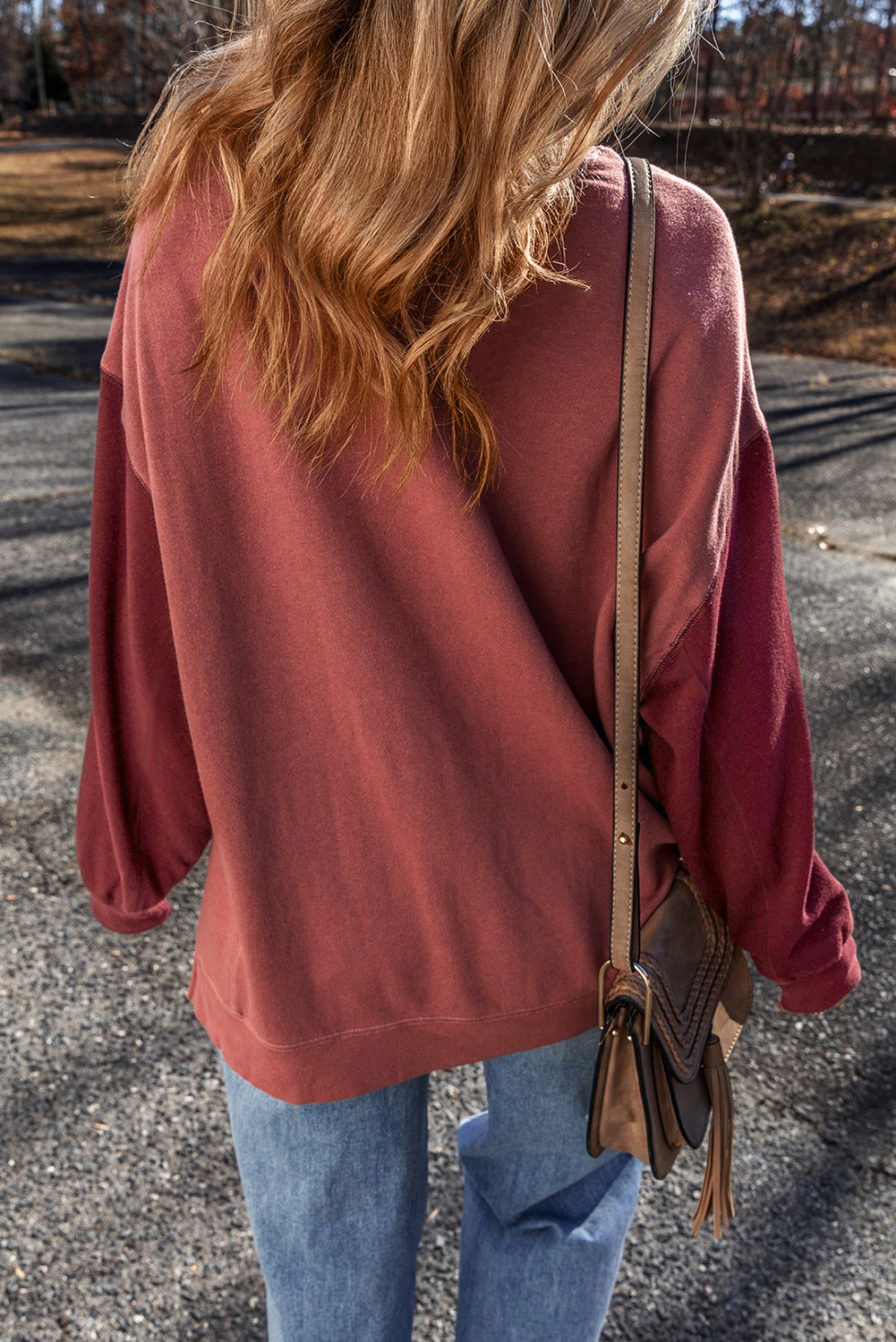 Mineral Red Two Tone Patchwork Drop Shoulder Pullover Sweatshirt-Chaelisa's New Jammies
