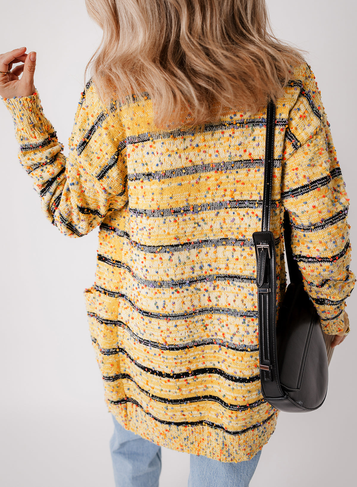 Beige Striped Pom Pom Knit Open Front Long Cardigan-Chaelisa's New Jammies