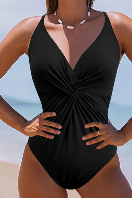 Black V Neck Twist Ruched Crisscross Backless One-Piece Swimsuit-Chaelisa's New Jammies