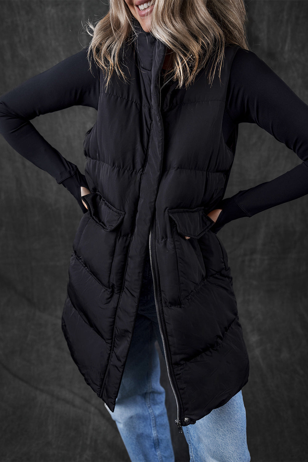 Black Windproof Longline Full Zipper Puffer Vest with Pockets-Chaelisa's New Jammies