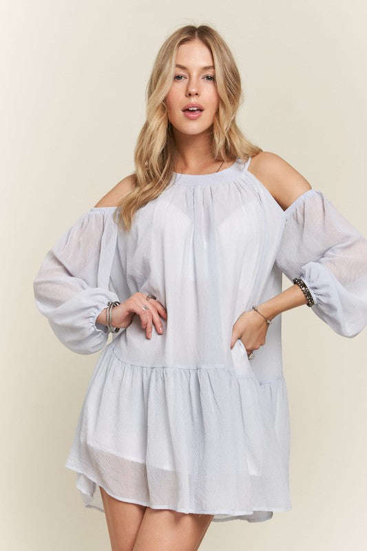 ADORA Cold Shoulder Balloon Sleeve Mini Dress-Chaelisa's New Jammies