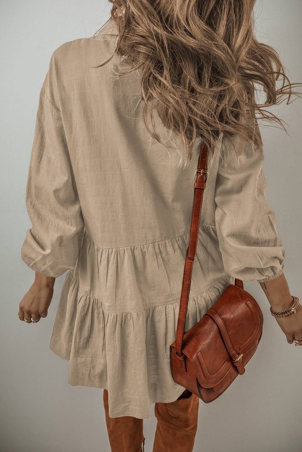 Tan Puff Sleeve Buttoned Tiered Pleated Shirt Mini Dress-Chaelisa's New Jammies