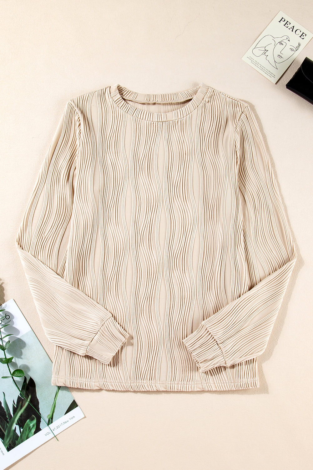 Apricot Textured Wavy Round Neck Long Sleeve Top-Chaelisa's New Jammies