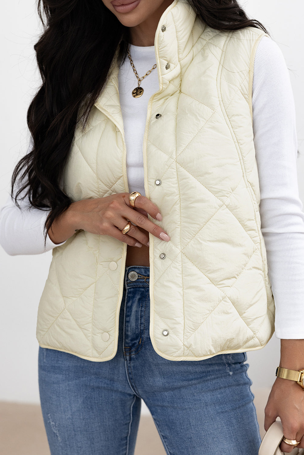 Beige Quilted High Neck Button Up Pocket Vest Coat-Chaelisa's New Jammies