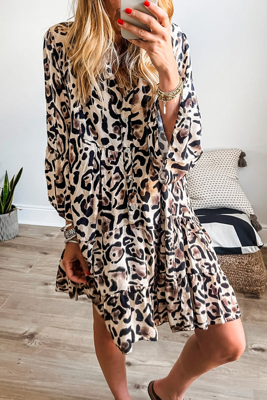 Black Leopard Print Buttoned Front 3/4 Sleeve Tiered Ruffled Hem Dress-Chaelisa's New Jammies