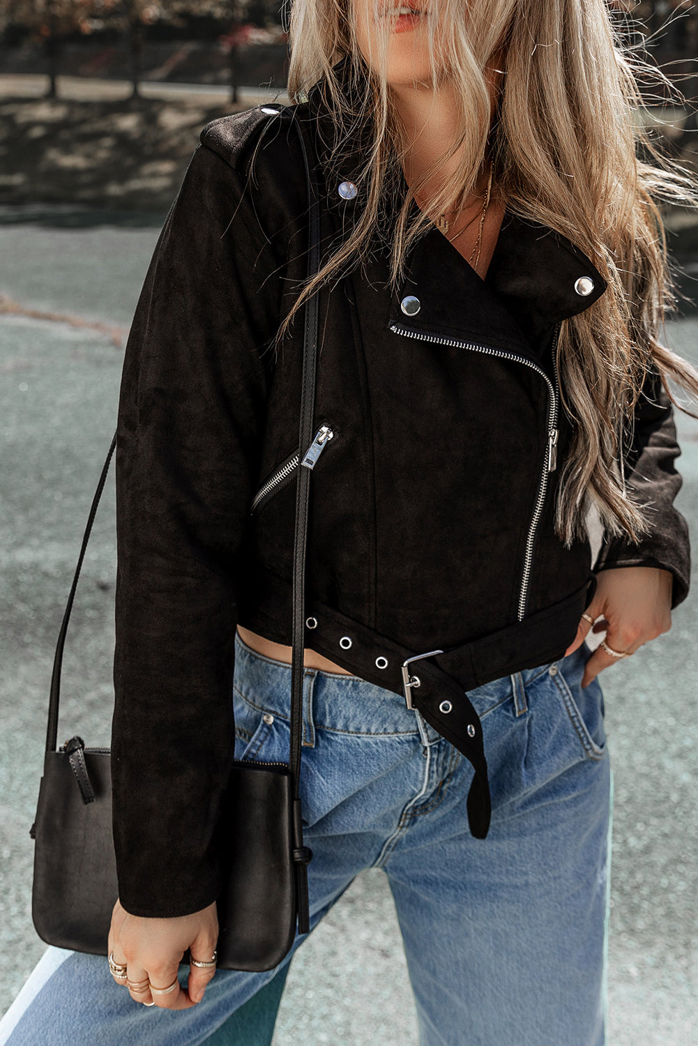 Black Asymmetric Zipper Belted Hem Jacket-Chaelisa's New Jammies