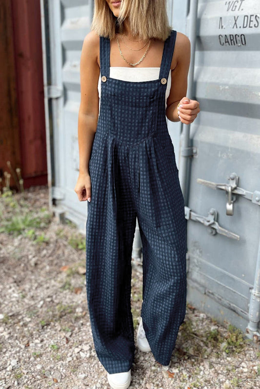 Sail Blue Plaid Print Buttoned Pocketed High Waist Overall-Chaelisa's New Jammies
