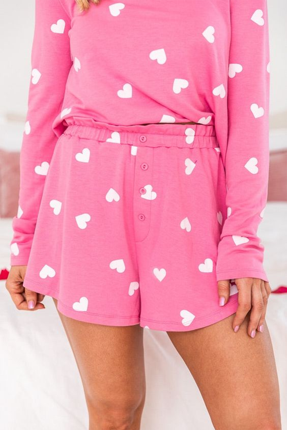 Pink Valentine Heart Print Long Sleeve Tee and Shorts Lounge Set-Chaelisa's New Jammies